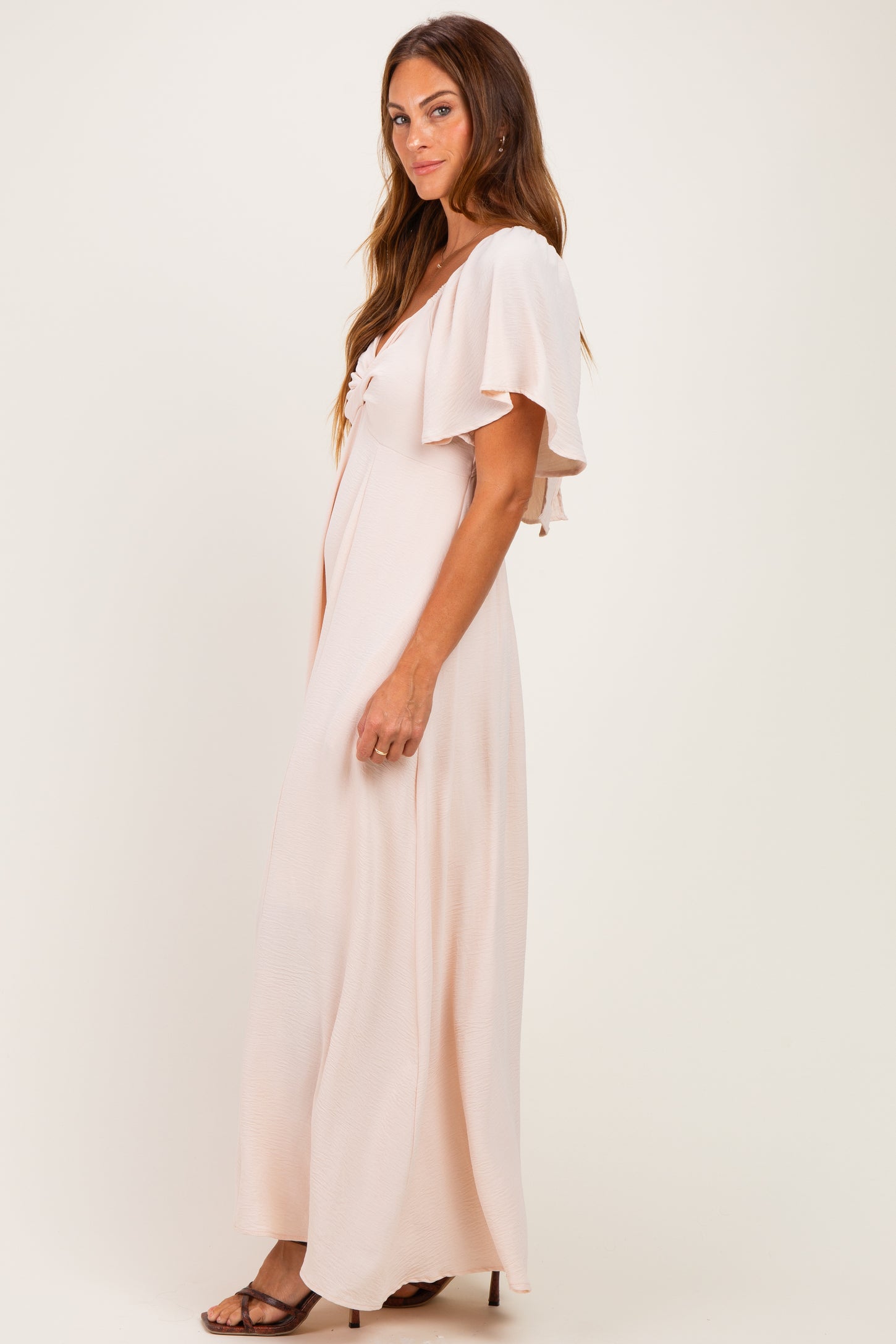 Beige Knotted V-Neck Flutter Sleeve Maxi Dress