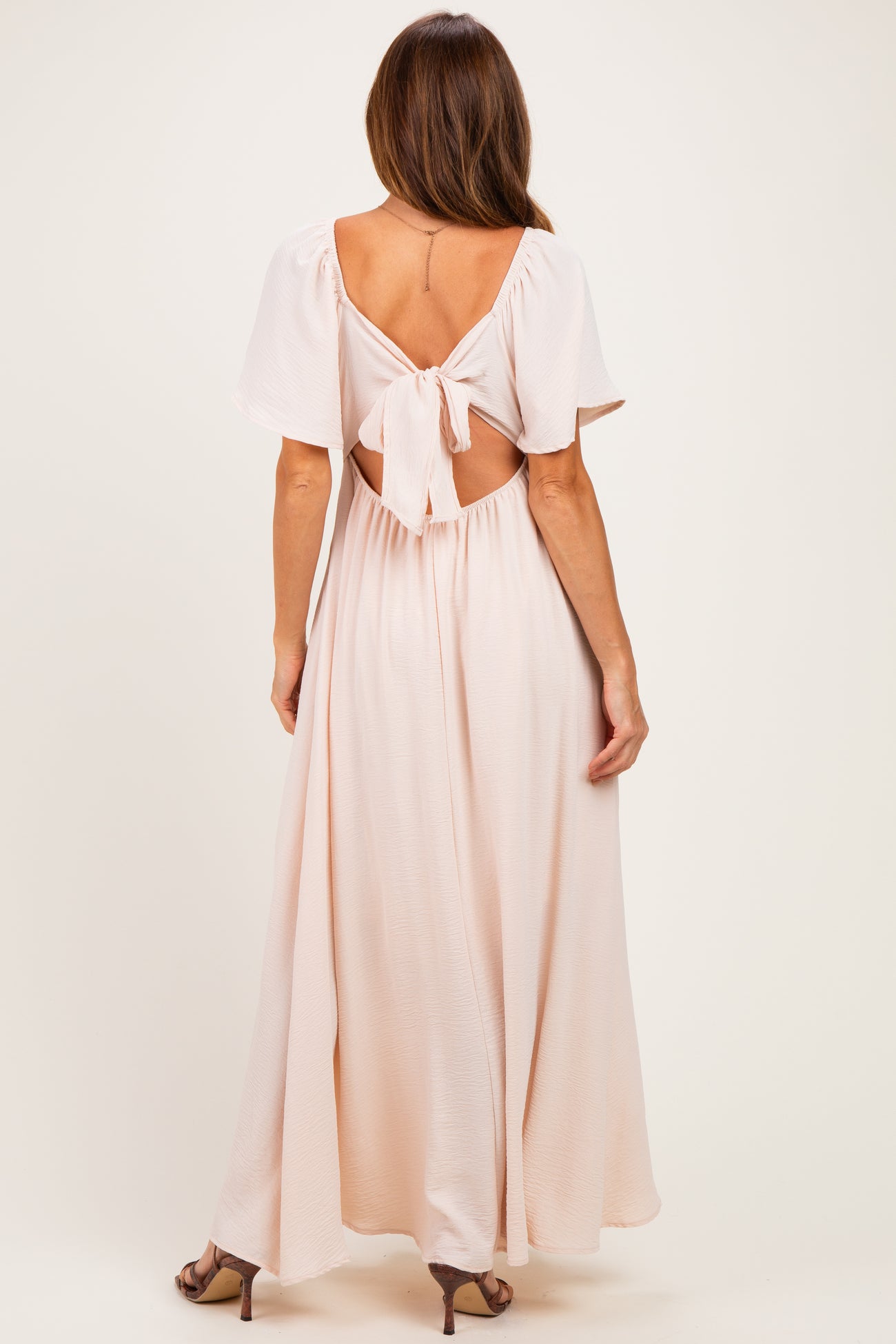 Beige Knotted V-Neck Flutter Sleeve Maxi Dress