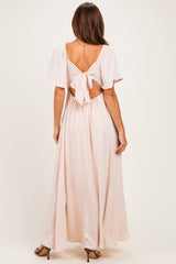 Beige Knotted V-Neck Flutter Sleeve Maxi Dress