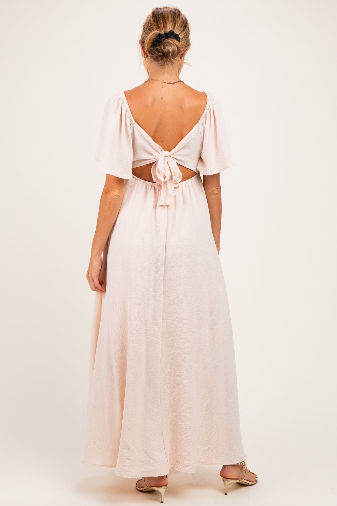 Beige Knotted V-Neck Flutter Sleeve Maternity Maxi Dress