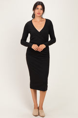 Black Long Sleeve Wrap V-Neck Maternity Nursing Midi Dress