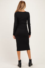 Black Long Sleeve Wrap V-Neck Maternity Nursing Midi Dress