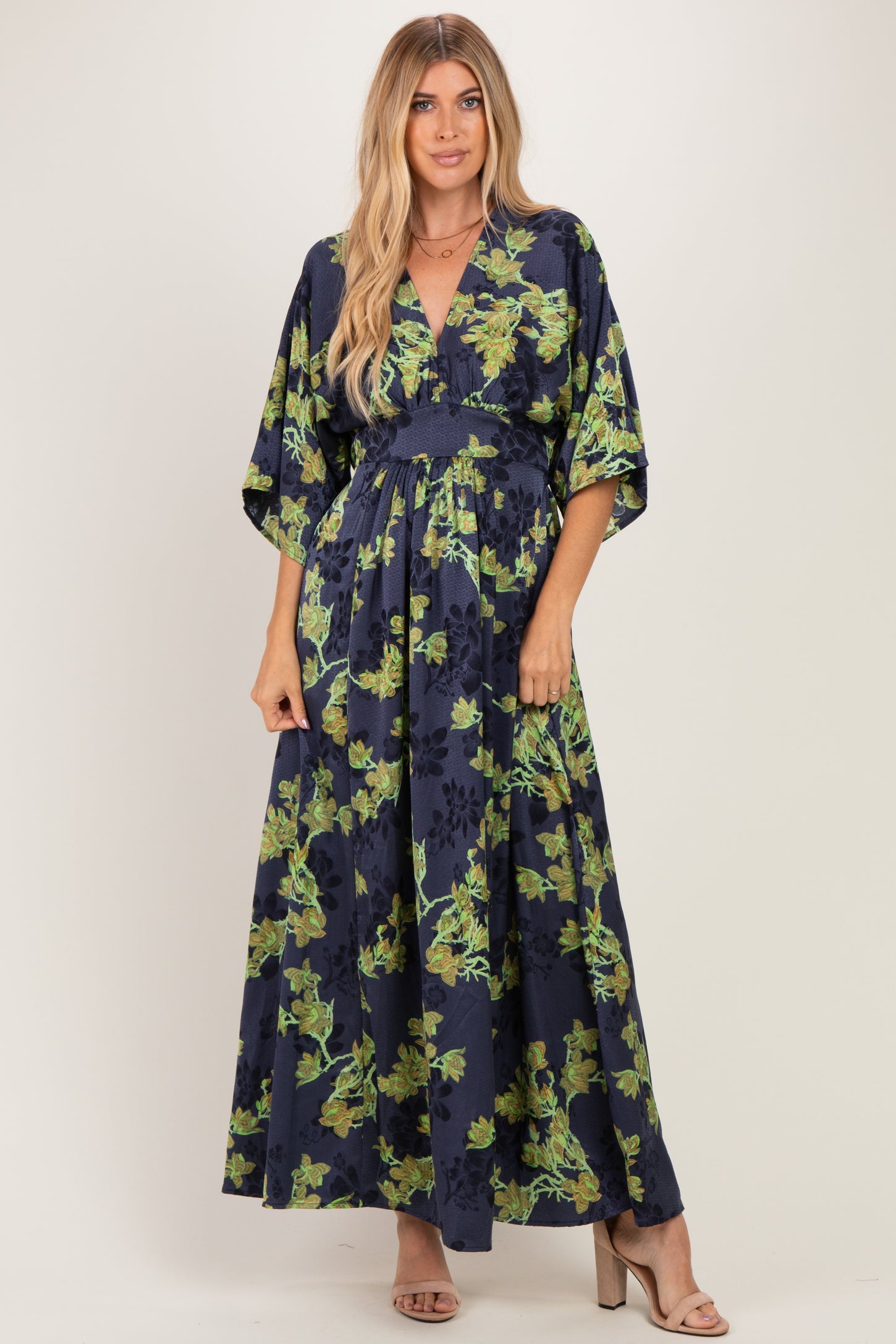 Navy Floral Satin Deep V-Neck Maternity Maxi Dress