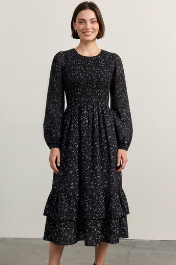 Black Floral Smocked Ruffle Hem Midi Dress