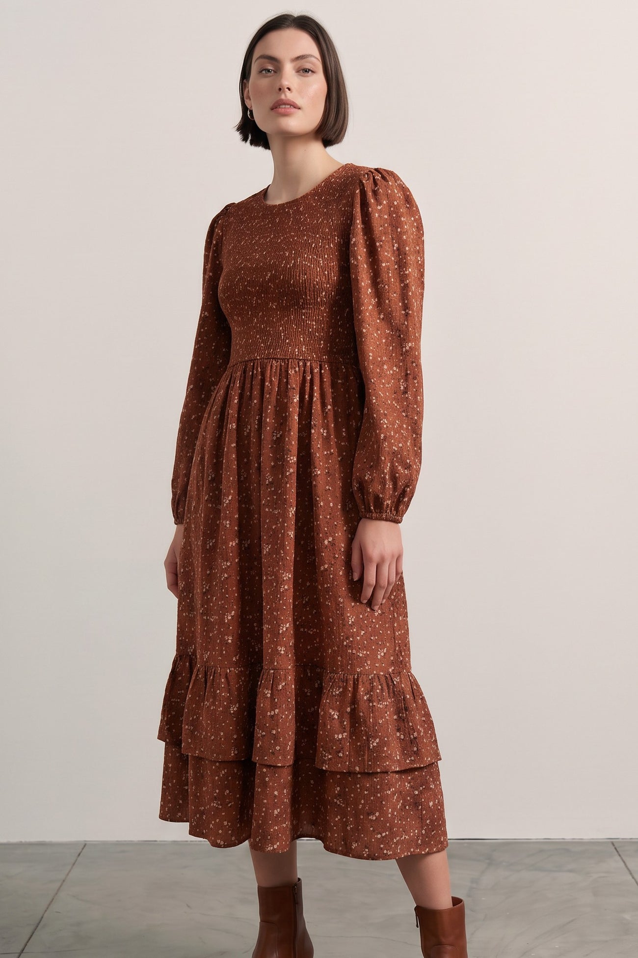 Cinnamon Floral Smocked Ruffle Hem Midi Dress