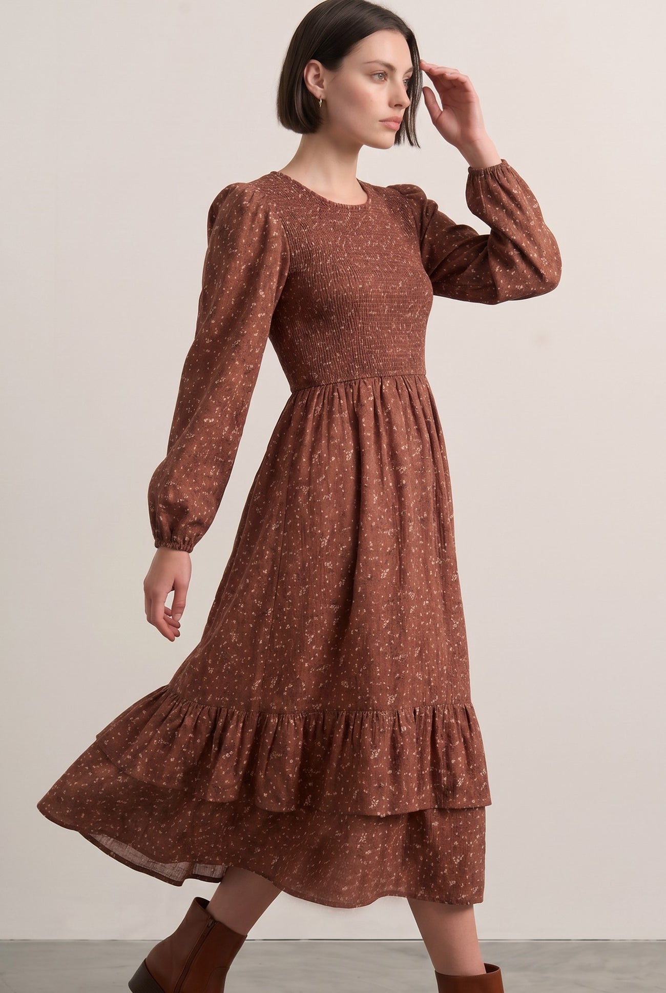 Cinnamon Floral Smocked Ruffle Hem Midi Dress