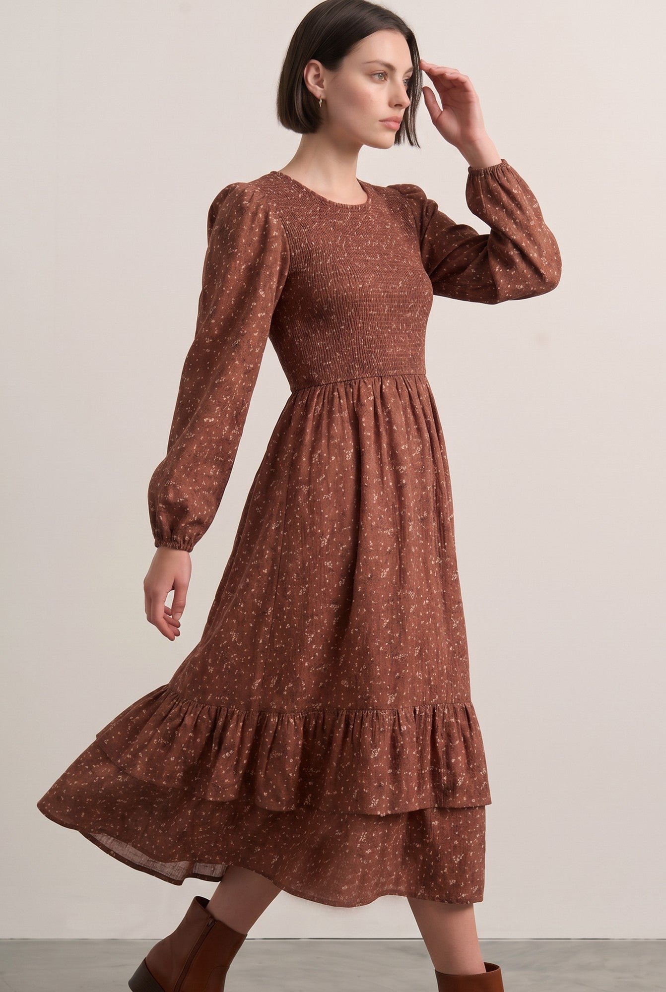 Cinnamon Floral Smocked Ruffle Hem Midi Dress