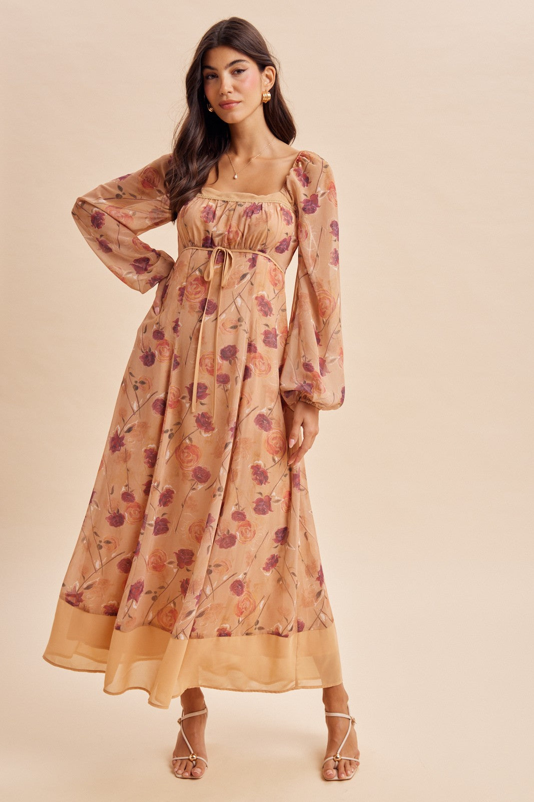 Sand Beige Floral Mesh Front Tie Maternity Maxi Dress