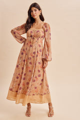 Sand Beige Floral Mesh Front Tie Maternity Maxi Dress