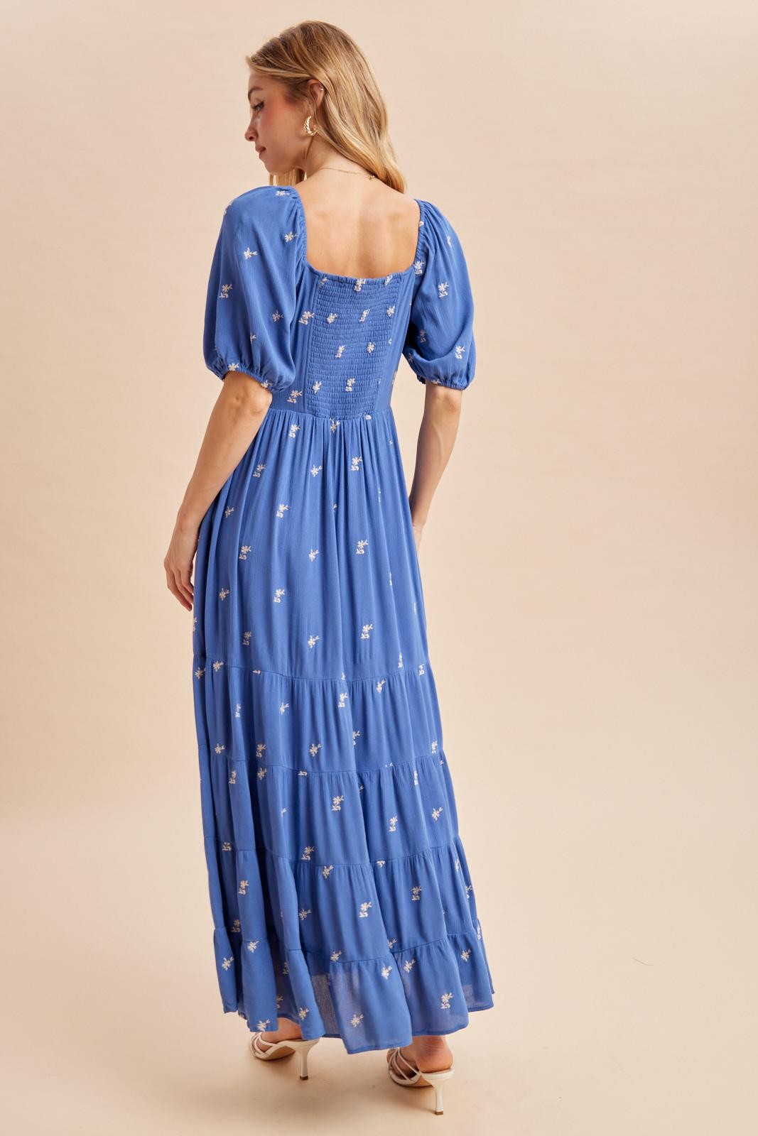 woman wearing a blue floral maxi dress with puff sleeves, showing a smocked bodice and tiered skirt from the back