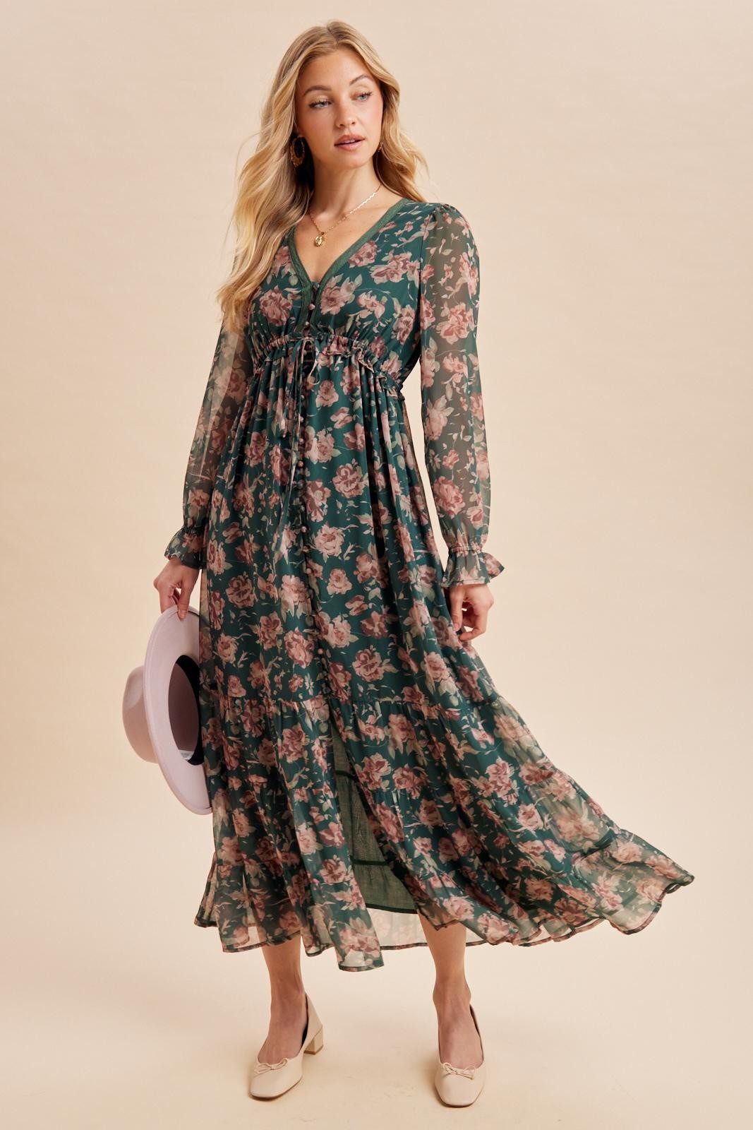 Eucalyptus Floral Chiffon Button Down Maxi Dress