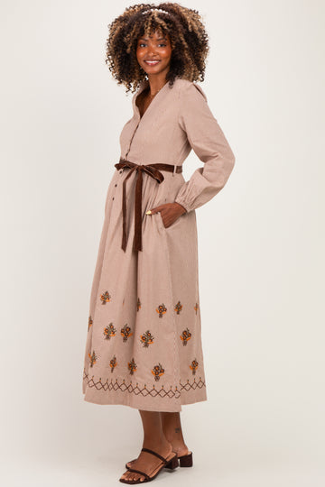 Sepia Button Down Embroidered Plaid Maternity Midi Dress