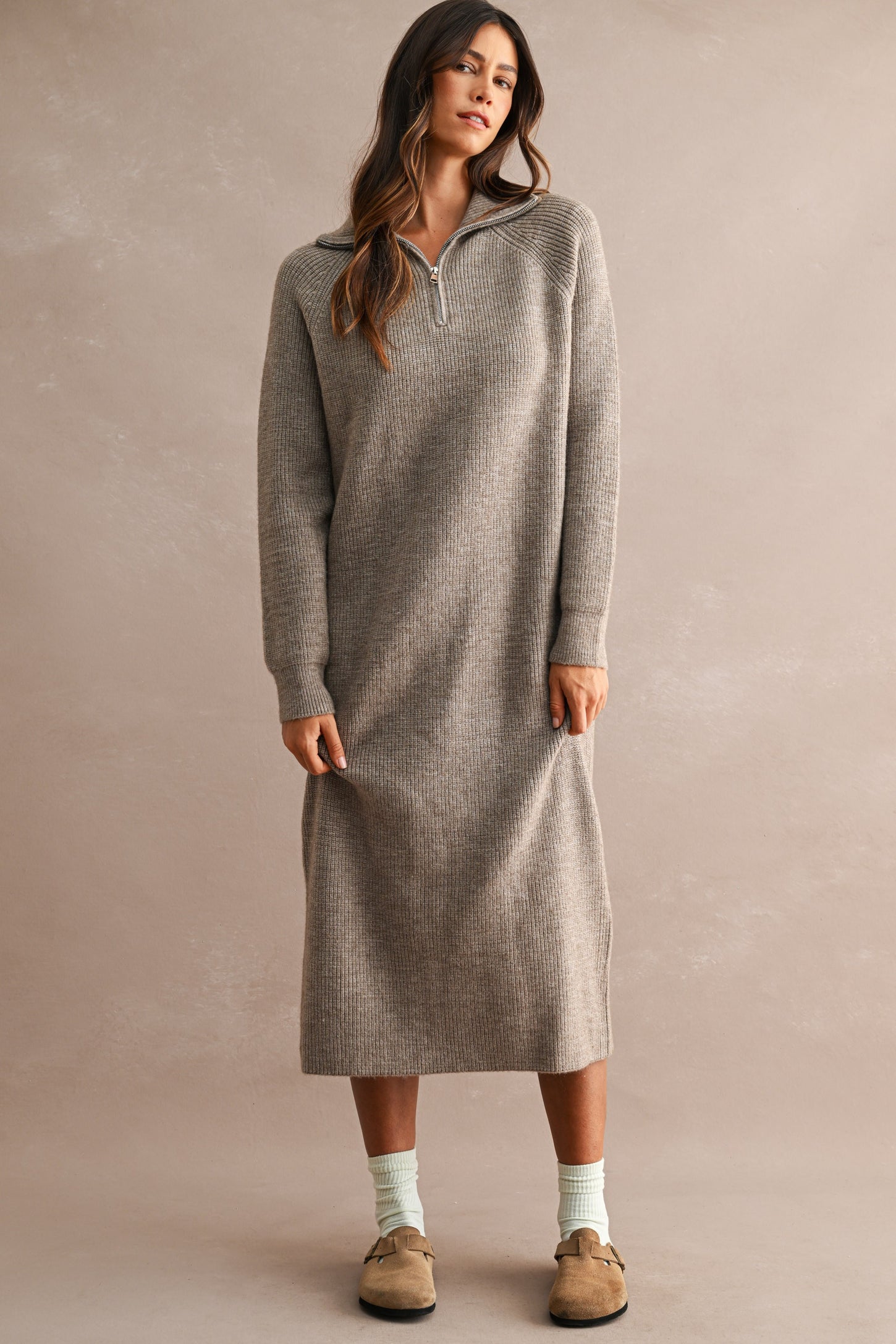 Mocha Ribbed Knit Half-Zip Midi Sweater Dress