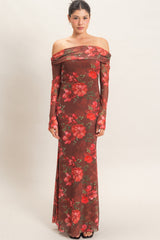 woman wearing a brown off-the-shoulder floral dress with long sleeves and a fitted silhouette