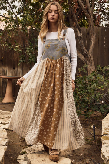 Washed Denim Mixed Floral Overall Maxi Dress