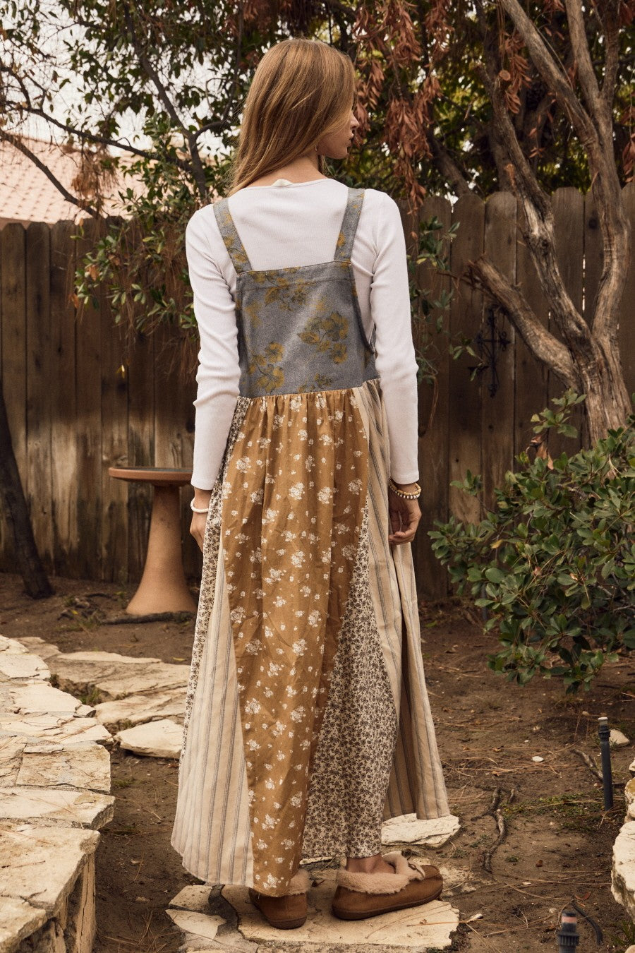 Washed Denim Mixed Floral Overall Maxi Dress