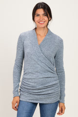 Light Blue Soft Heathered Draped Wrap Maternity/Nursing Top
