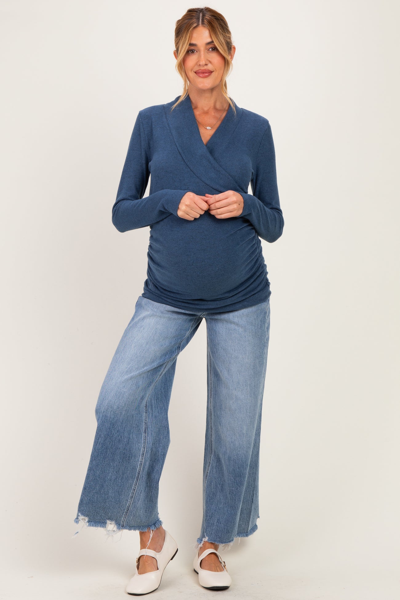 Navy Soft Heathered Draped Wrap Maternity/Nursing Top