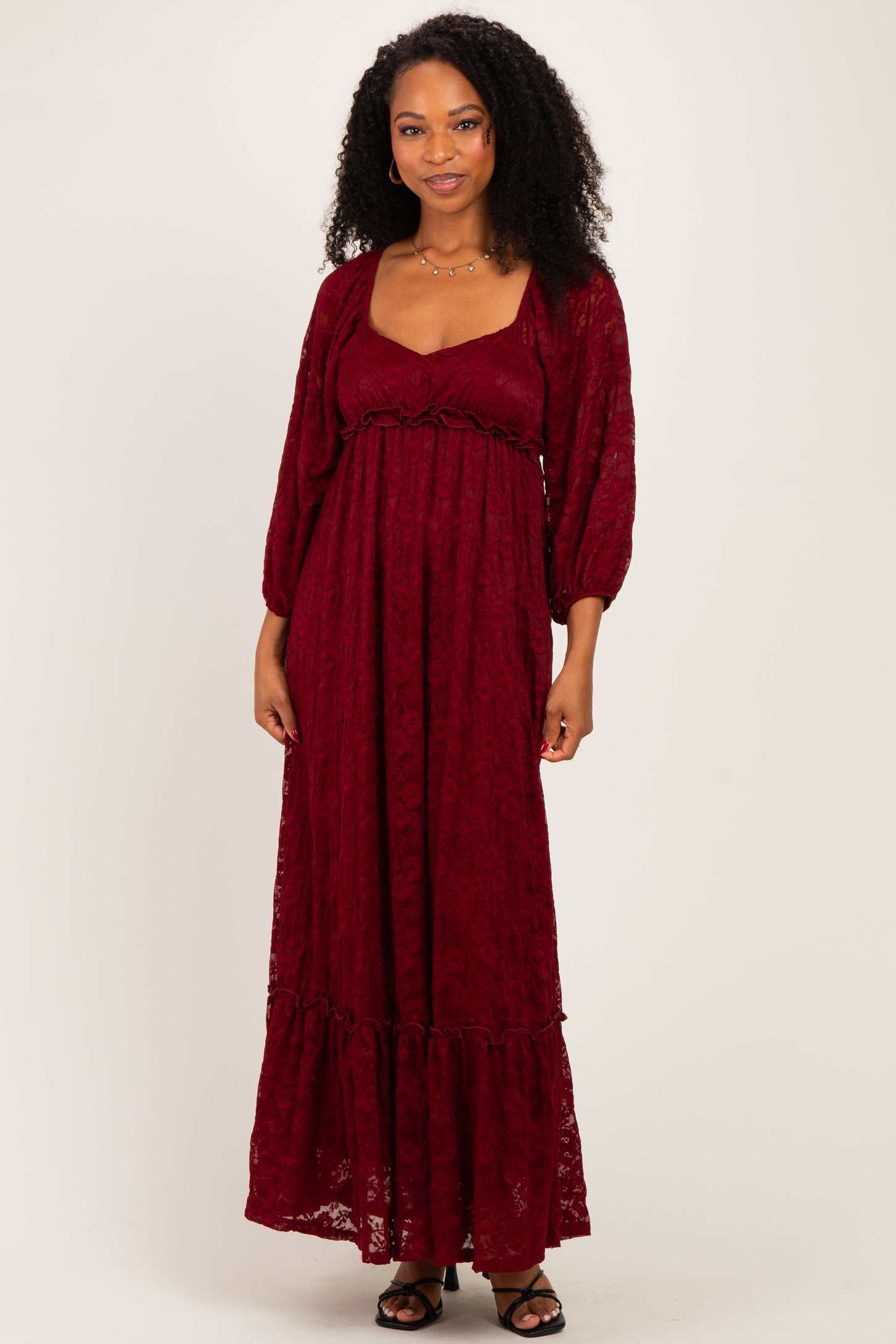 Burgundy Lace Long Sleeve Maternity Maxi Dress