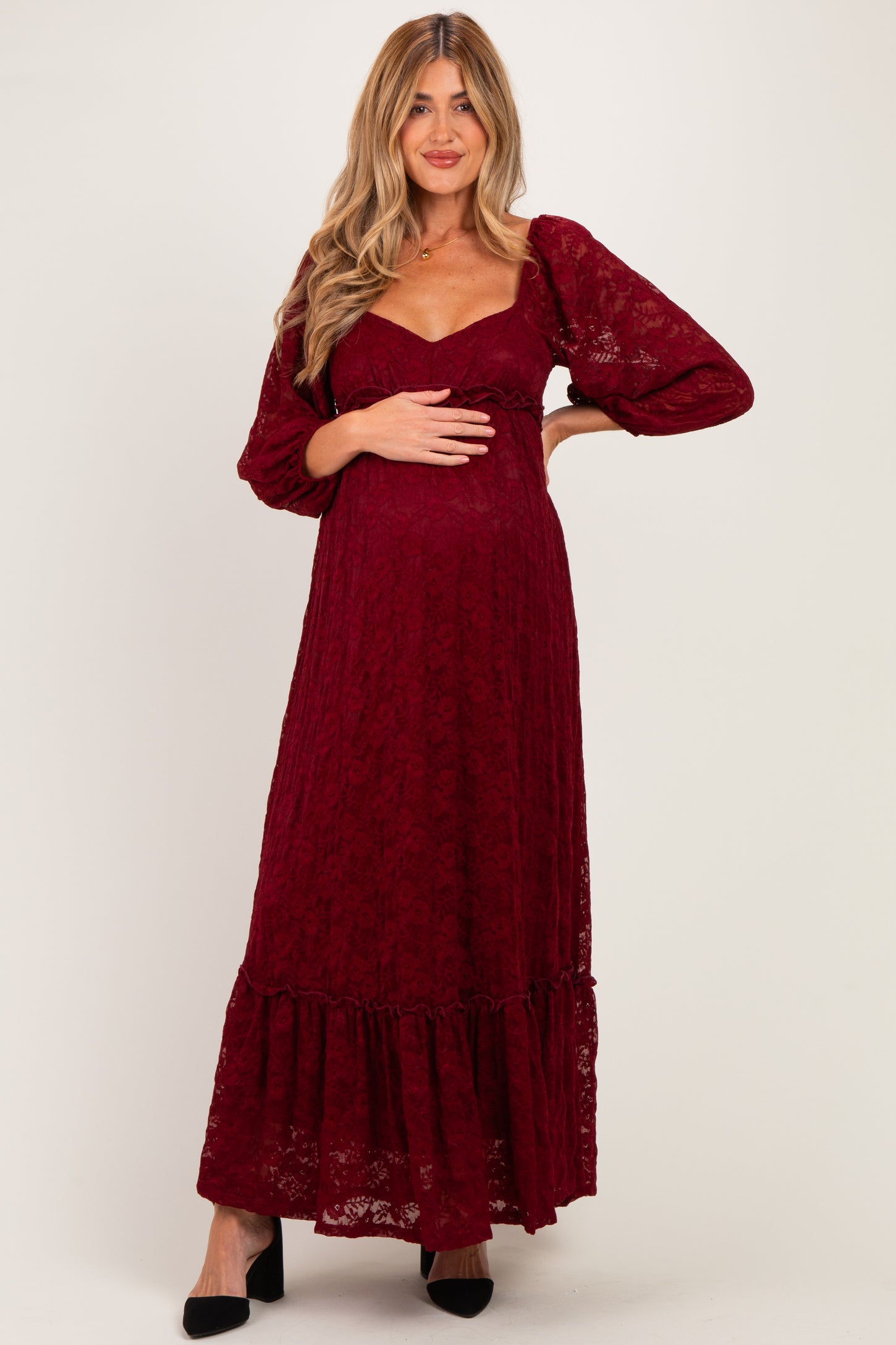 Burgundy Lace Long Sleeve Maternity Maxi Dress