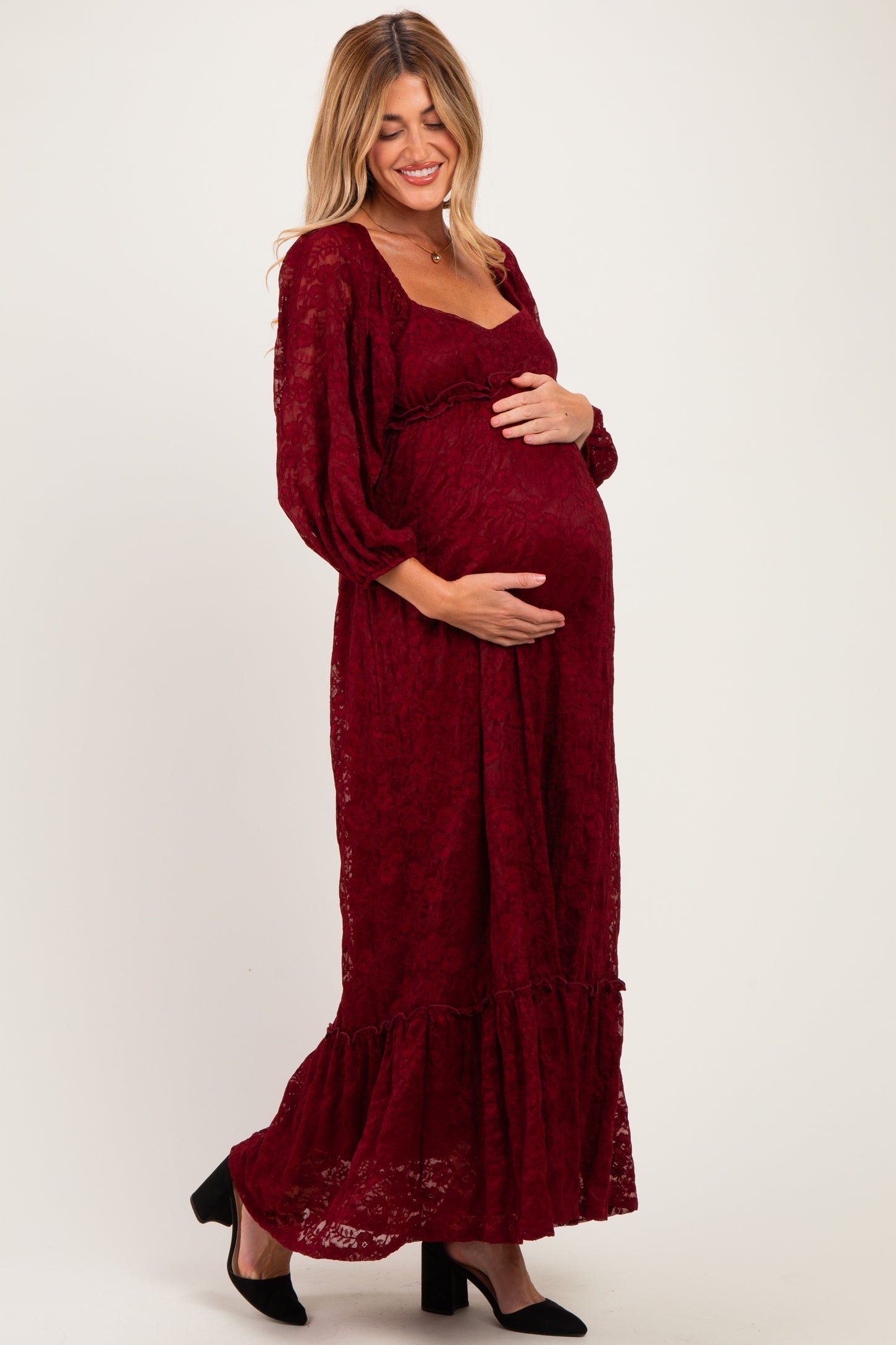 Burgundy Lace Long Sleeve Maternity Maxi Dress