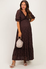 Brown Floral Lace V-Neck Maternity Maxi Dress