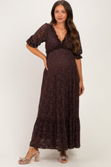 Brown Floral Lace V-Neck Maternity Maxi Dress