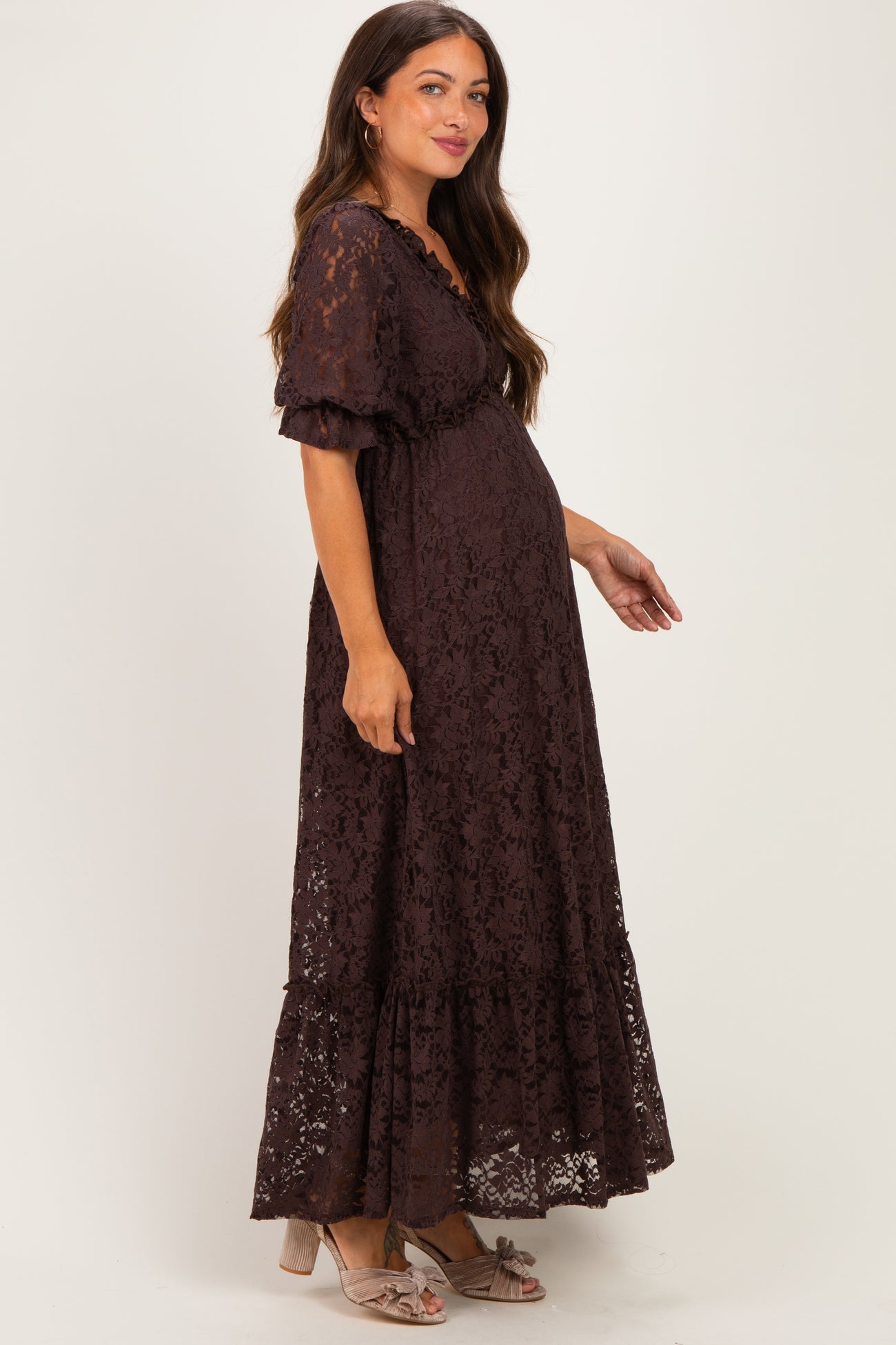 Brown Floral Lace V-Neck Maternity Maxi Dress
