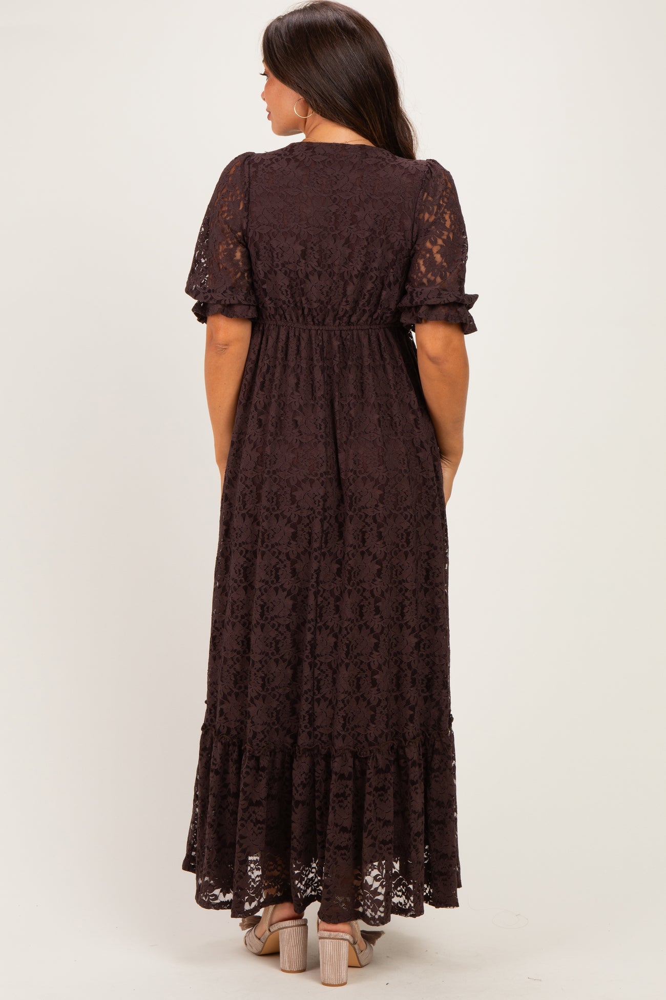 Brown Floral Lace V-Neck Maternity Maxi Dress