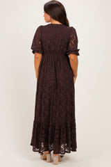 Brown Floral Lace V-Neck Maternity Maxi Dress