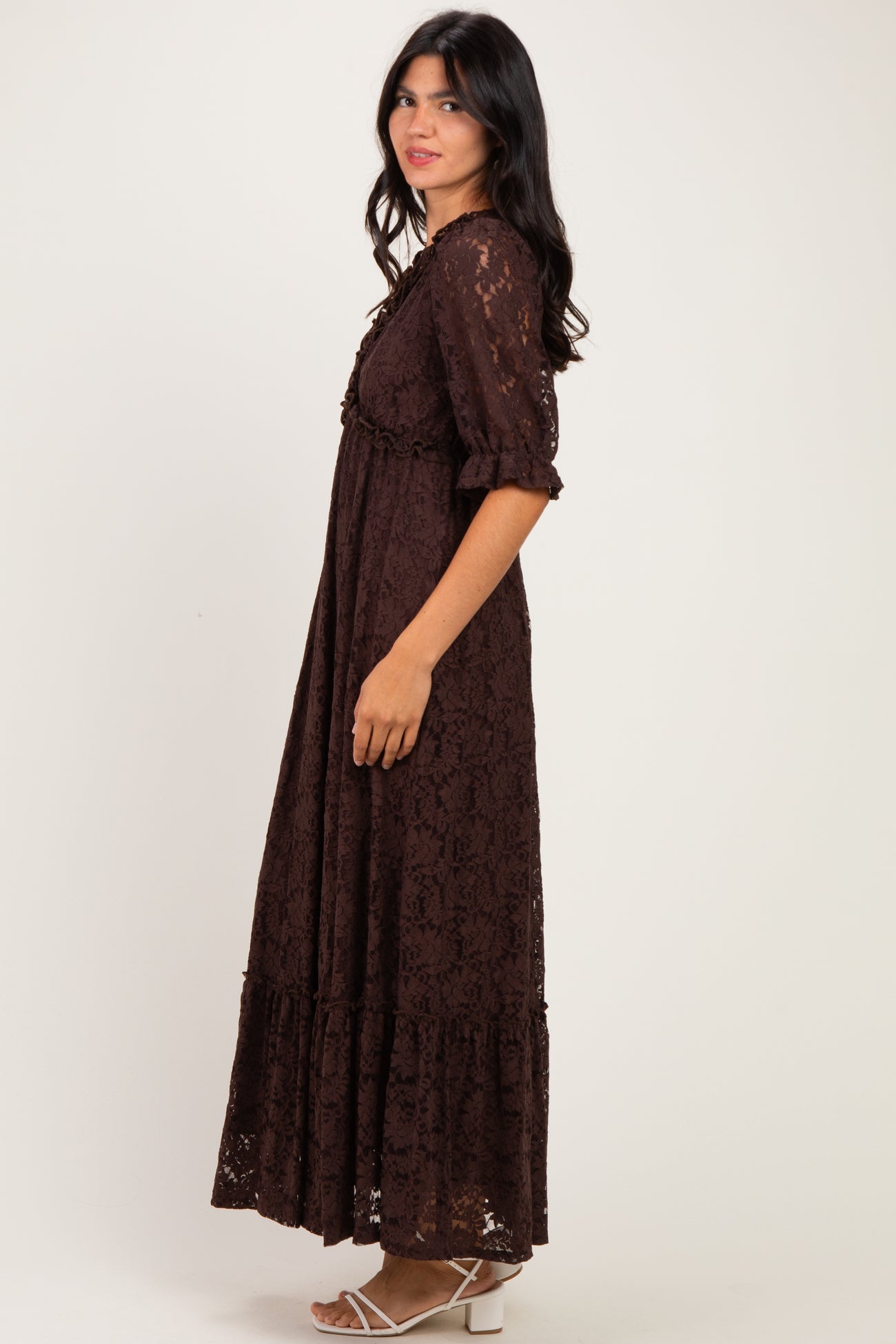 Brown Floral Lace V-Neck Maxi Dress