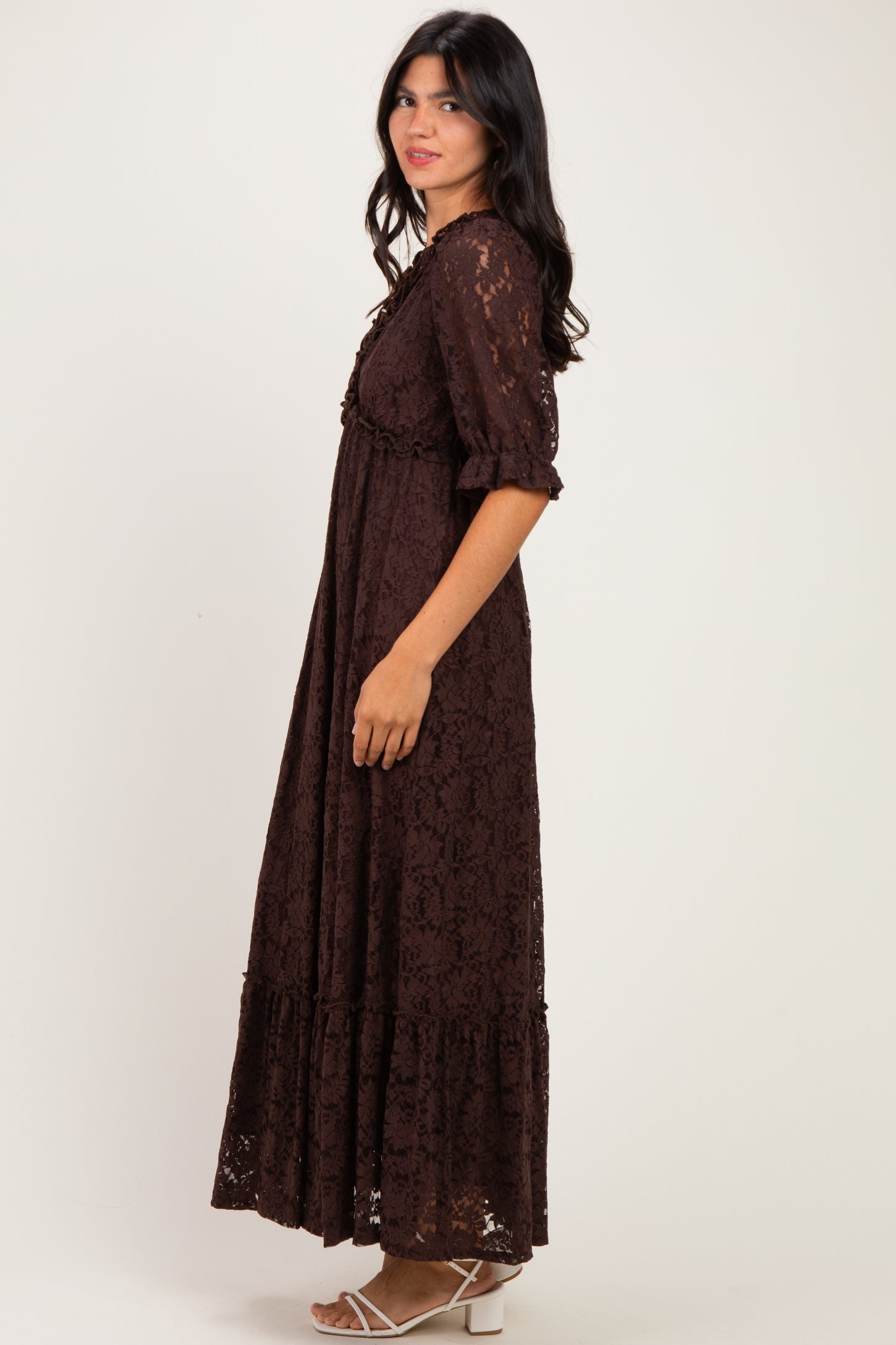 Brown Floral Lace V-Neck Maxi Dress