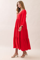 Red V-Neck Contrast Trim Tiered Midi Dress