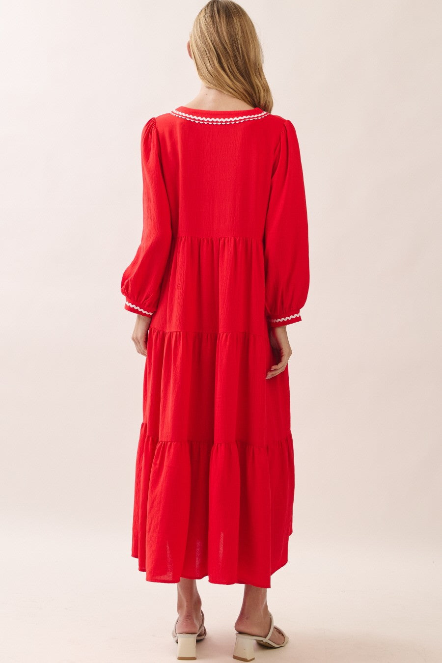 Red V-Neck Contrast Trim Tiered Midi Dress