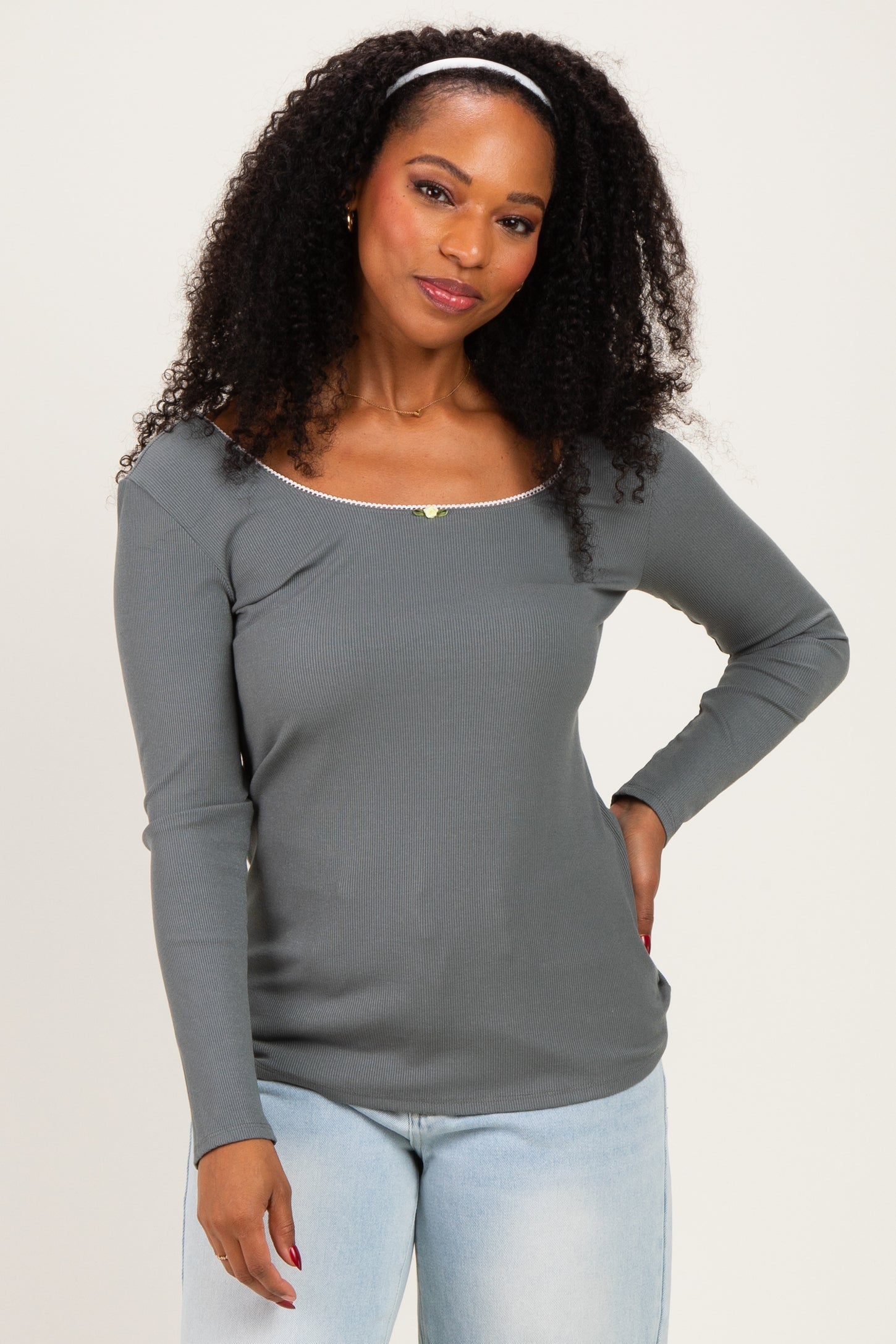 Olive Ribbed Rosette Trim Detail Maternity Long Sleeve Top