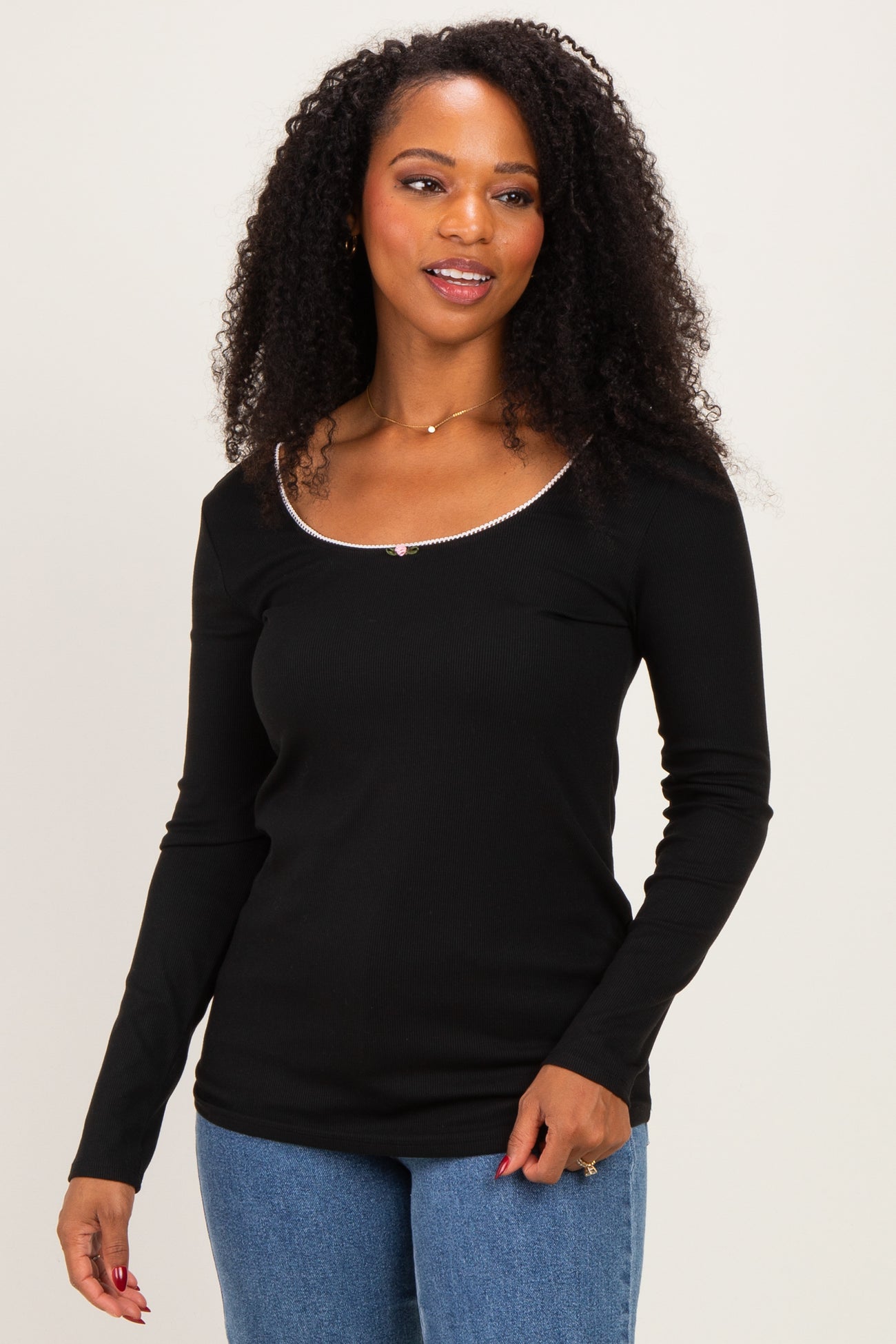 Black Ribbed Rosette Trim Detail Maternity Long Sleeve Top