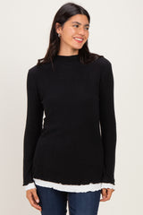 Black/White Maternity Mock Neck Ruffle Edge Long Sleeve Top