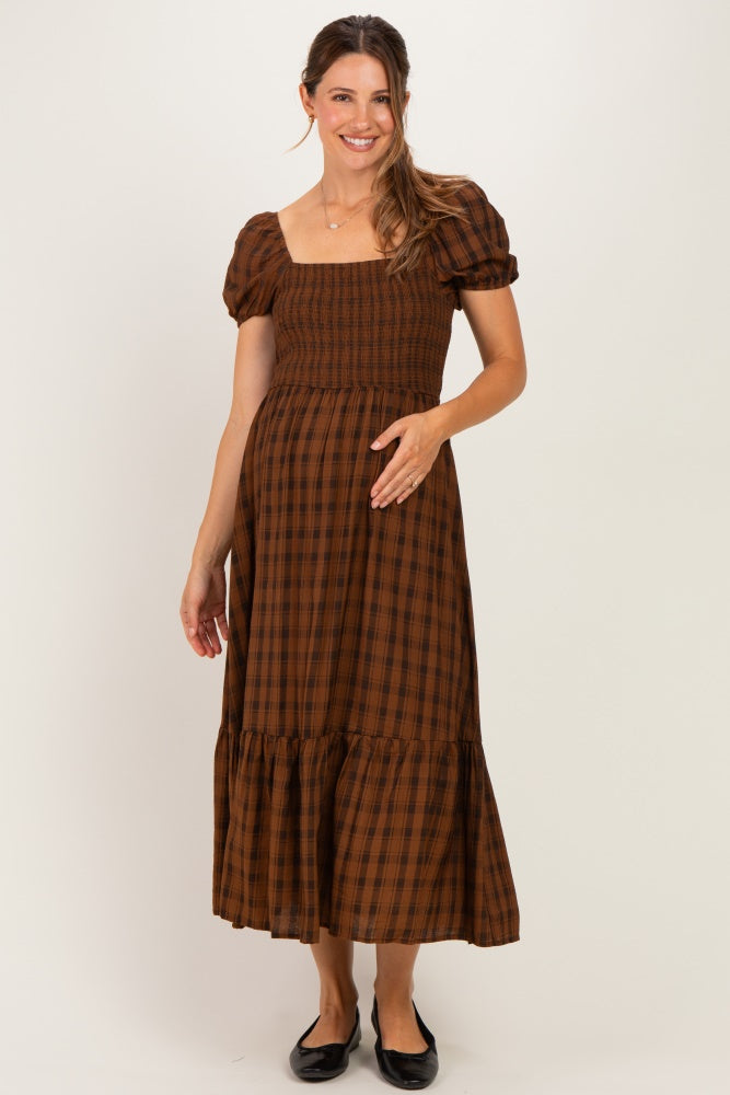Brown Plaid Smocked Puff Sleeve Tiered Maternity Midi Dress