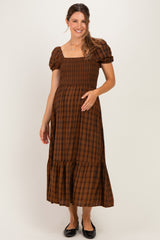 Brown Plaid Smocked Puff Sleeve Tiered Maternity Midi Dress