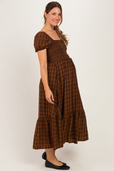 Brown Plaid Smocked Puff Sleeve Tiered Maternity Midi Dress