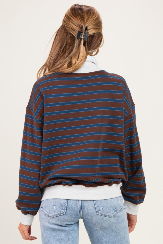 Brown Multi Striped Maternity Turtleneck Sweatshirt