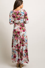Ivory Floral Draped 3/4 Sleeve Maternity Maxi Dress