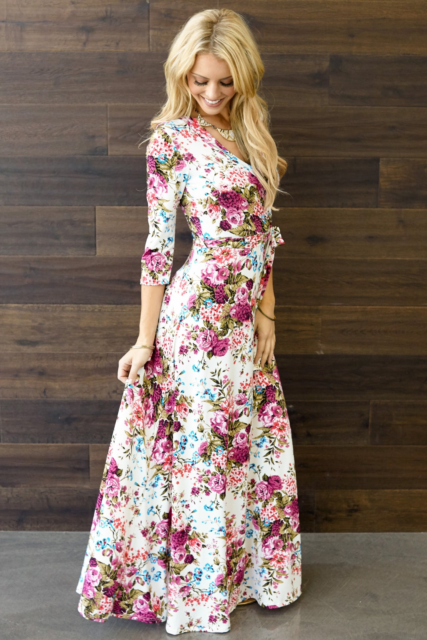 Ivory Floral Draped 3/4 Sleeve Maternity Maxi Dress