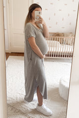 Grey Solid Short Sleeve Maternity Maxi Dress