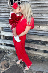 PinkBlush Red Lace Mesh Overlay Maternity Maxi Dress