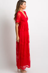 PinkBlush Red Lace Mesh Overlay Maxi Dress