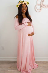 PinkBlush Pink Solid Off Shoulder Maternity Maxi Dress