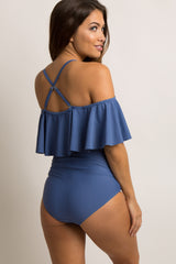 Blue Grey Ruffle Trim Ruched One-Piece Maternity Swimsuit