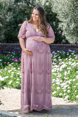 PinkBlush Mauve Lace Mesh Overlay Plus Maternity Maxi Dress