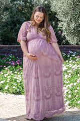 PinkBlush Mauve Lace Mesh Overlay Plus Maternity Maxi Dress